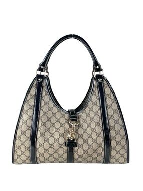Gucci GG Canvas Shoulder Bag Black Leather Trim Gold Hardware Hobo Tote Bag